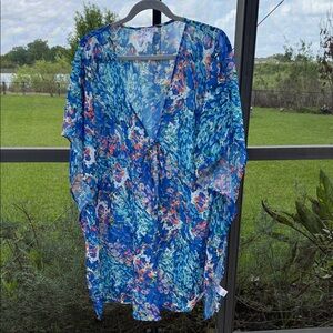 VENUS Blue Multi Floral Sheer Swim Coverup Small/medium
